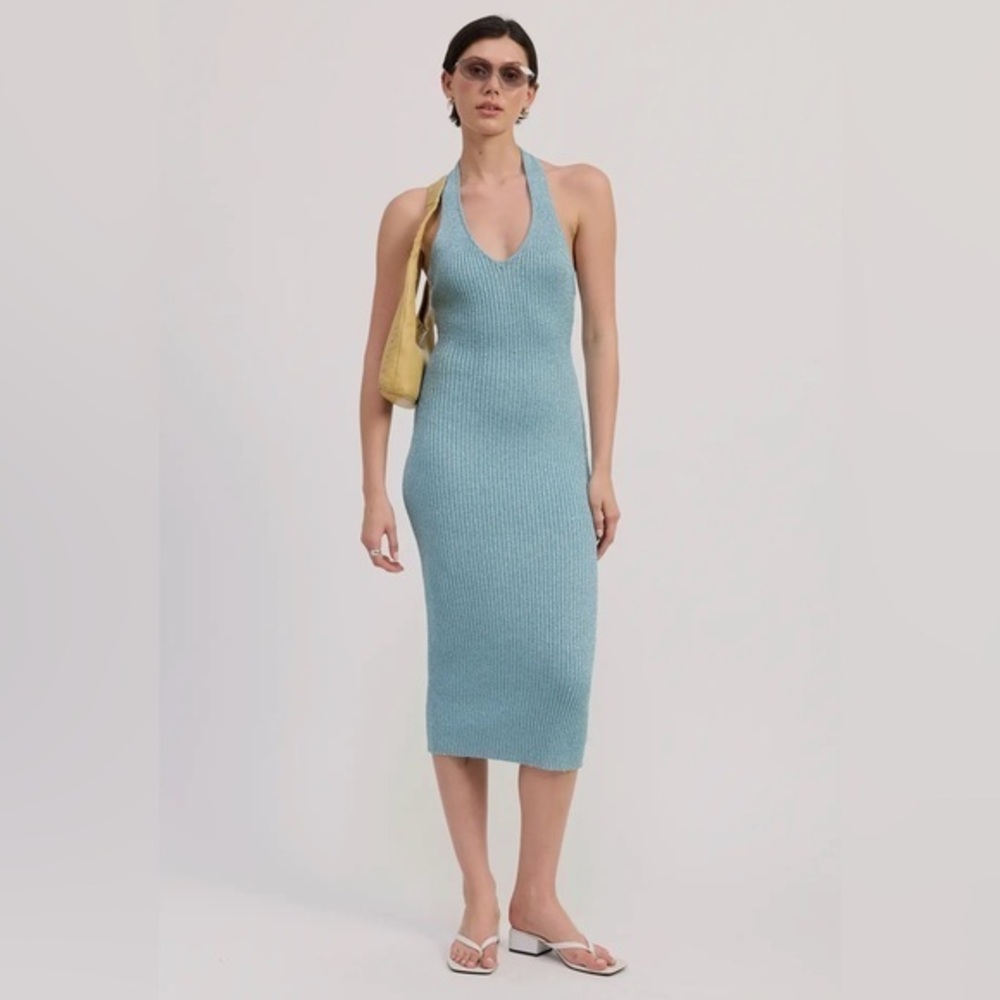 Luminescent Blue Halter Bodycon Knit Midi Dress